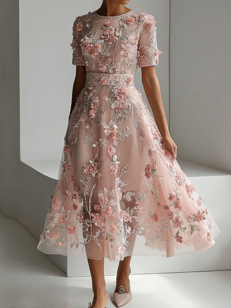 Vintage Floral Art Crew Neck Casual Maxi Dress