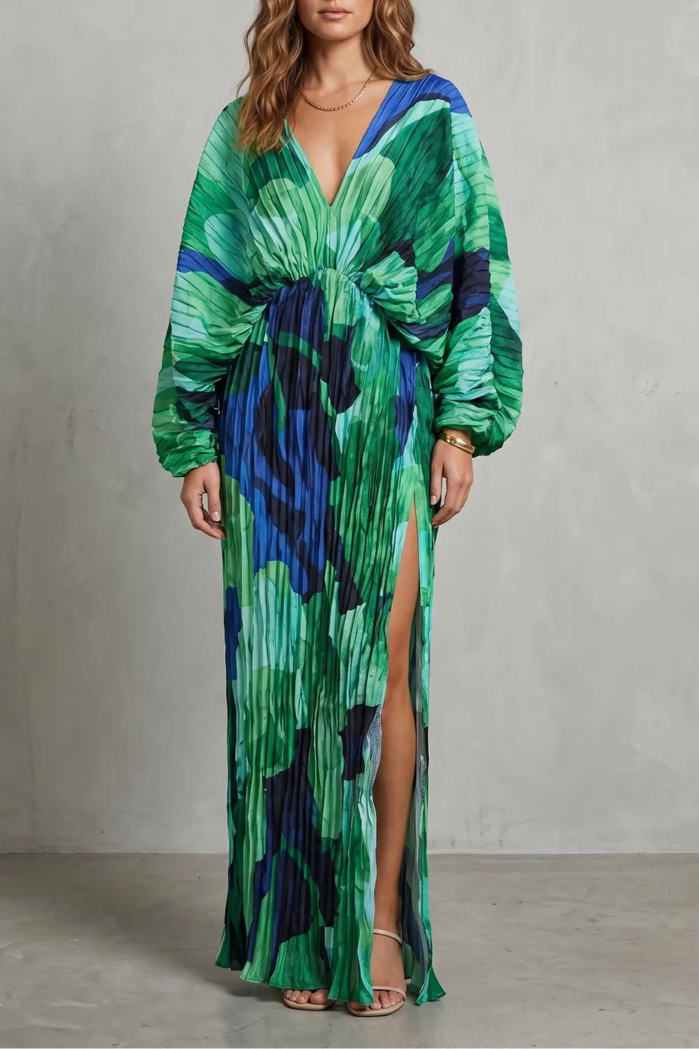 Pleated kimono allure – Maxi dress