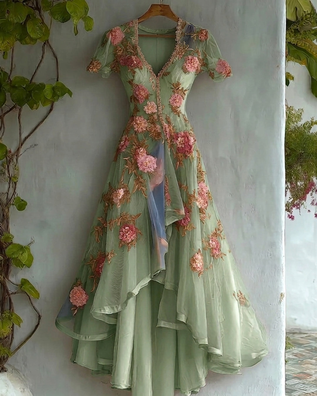 Women's Retro Elegant Gradient Flowers Irregular Ruffle Linen Dress