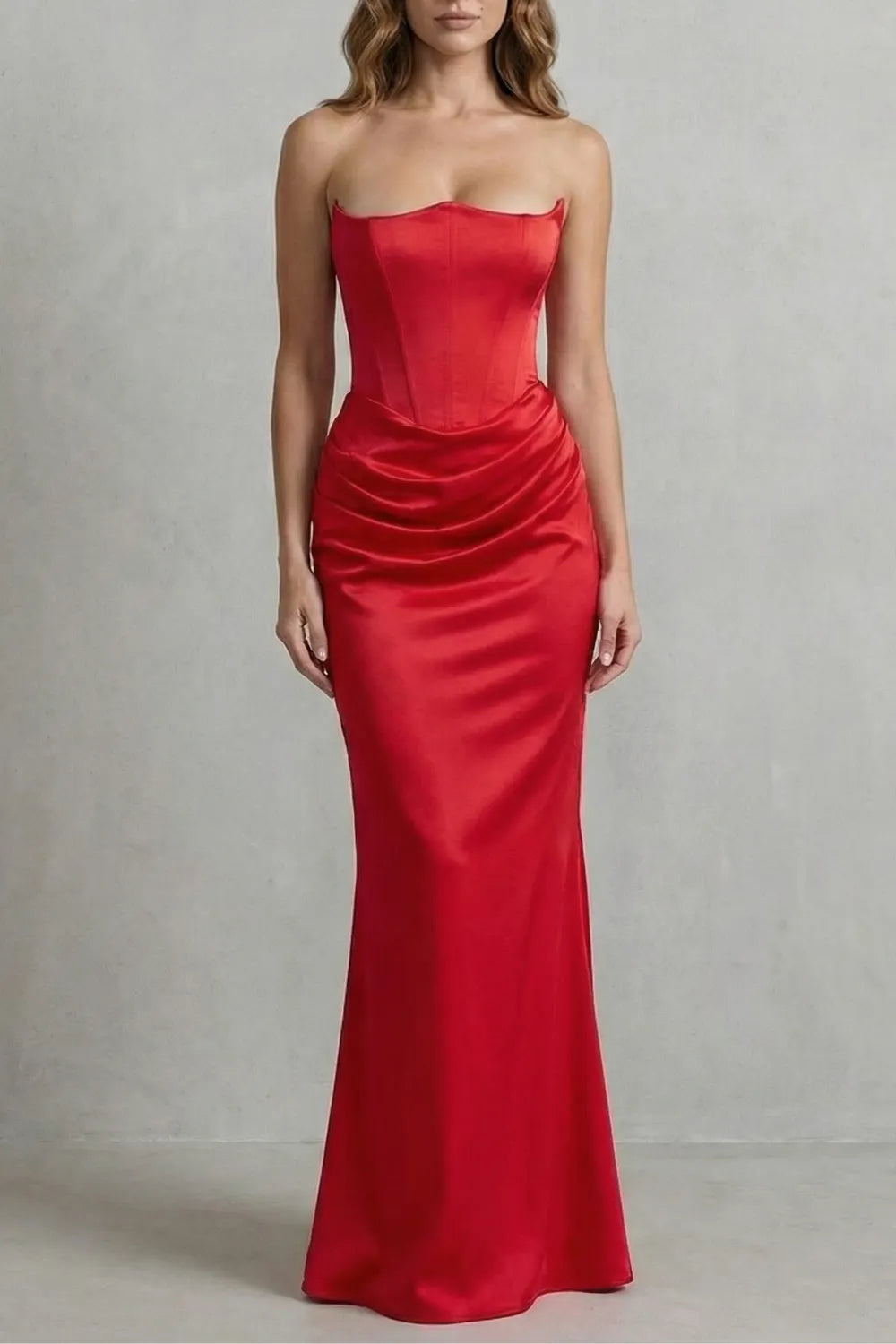 Sculpted satin drape – Strapless corset maxi dress