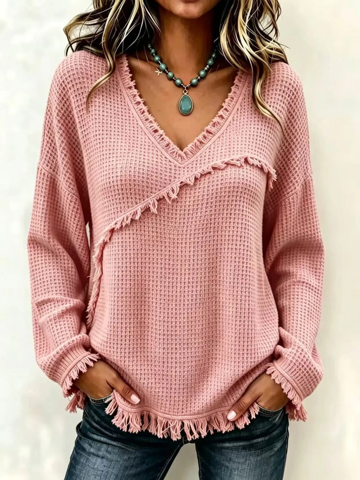 Fringe Trim Waffle Knit V‐Neck Sweater, Women Long Sleeve Loose Pullover Top