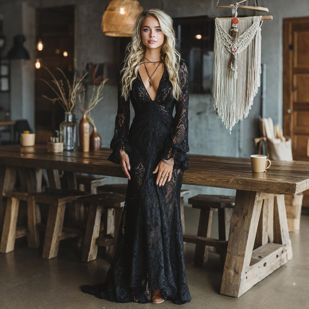 Elegant V-neck High Waist Lace Flared Long Sleeve Dress