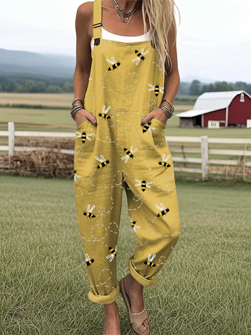 Women's Flying Bees Embroidery Pattern Casual Cotton Wide Leg Jumpsuit