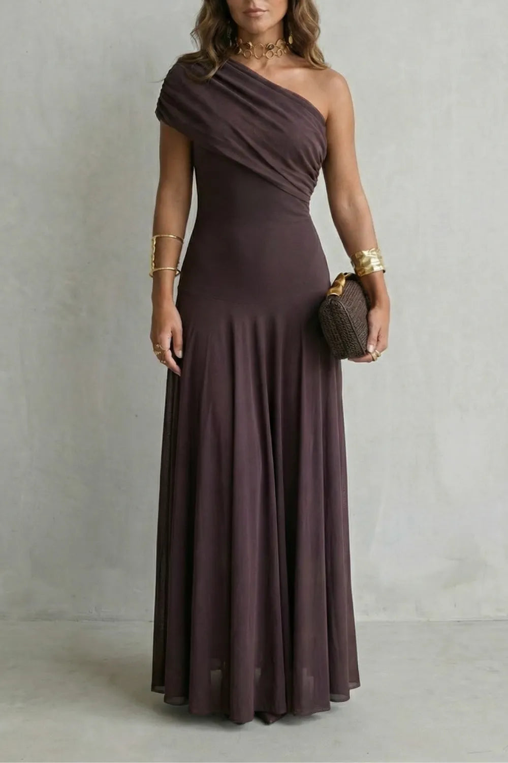 Elegant draped neckline – One shoulder maxi dress