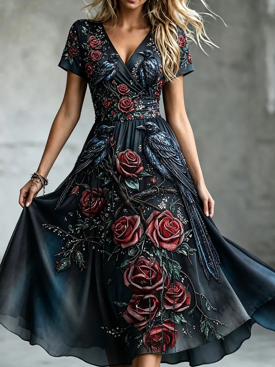Women's Vintage Raven Floral Print V-Neck Casual Dress