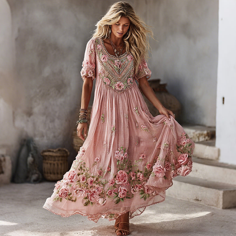 Women's Floral Roses Art Print Flowy Linen Blend Casual Short Sleeve Maxi Dress