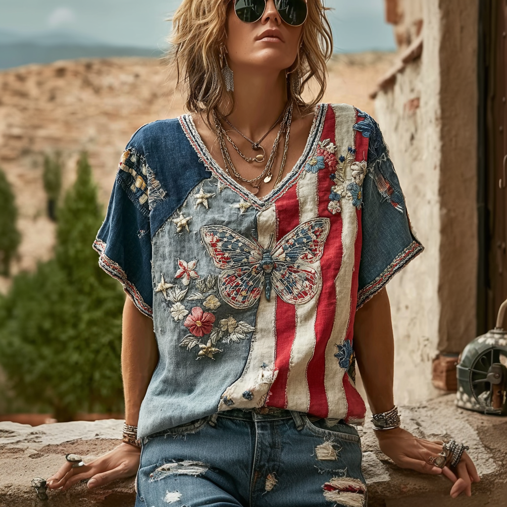 Vintage Butterfly And Flowers American Flag Linen T-shirt