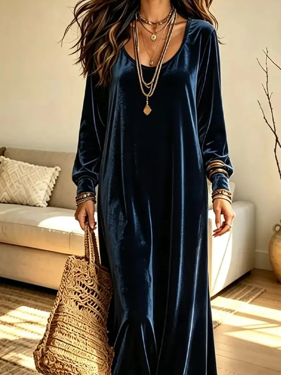 Retro Velvet Art Casual Stylish Round Collar Long Sleeve Long Dress