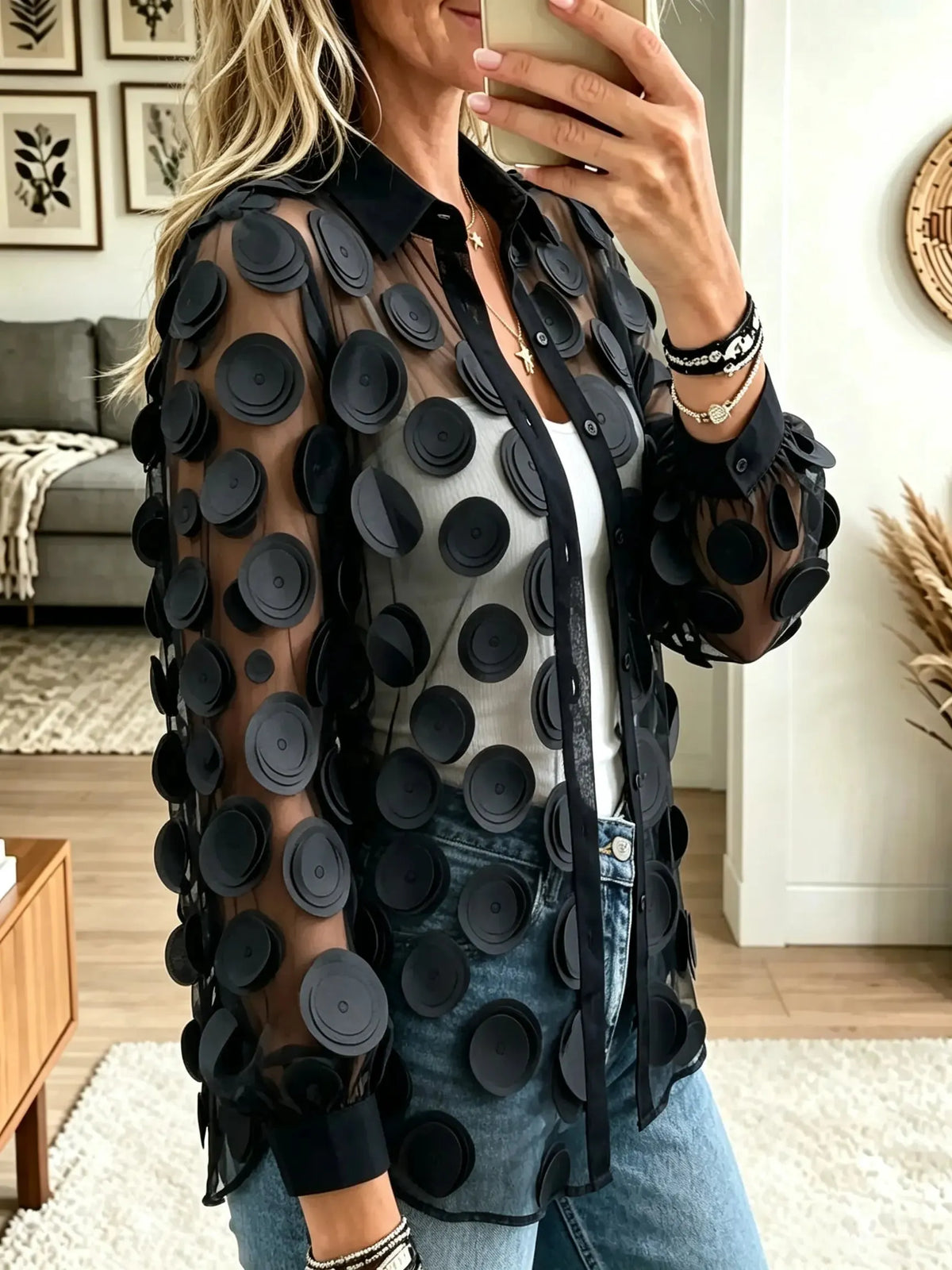 Women's 3D Polka Dot Sheer Button-Down Shirt