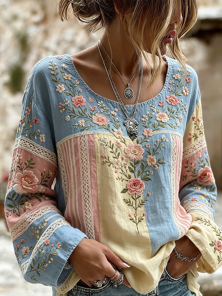 Vintage Pink Floral Art Embroidery Patchwork Comfortable Cotton Linen Distressed Crew Neck Long Sleeve Top