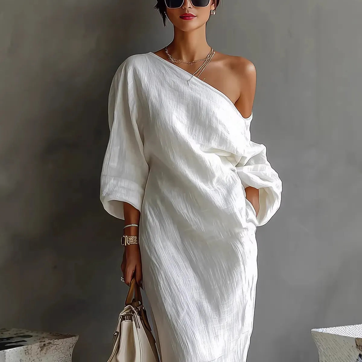 Elegant And Breathable Asymmetrical One-shoulder Relaxed-fit Dress