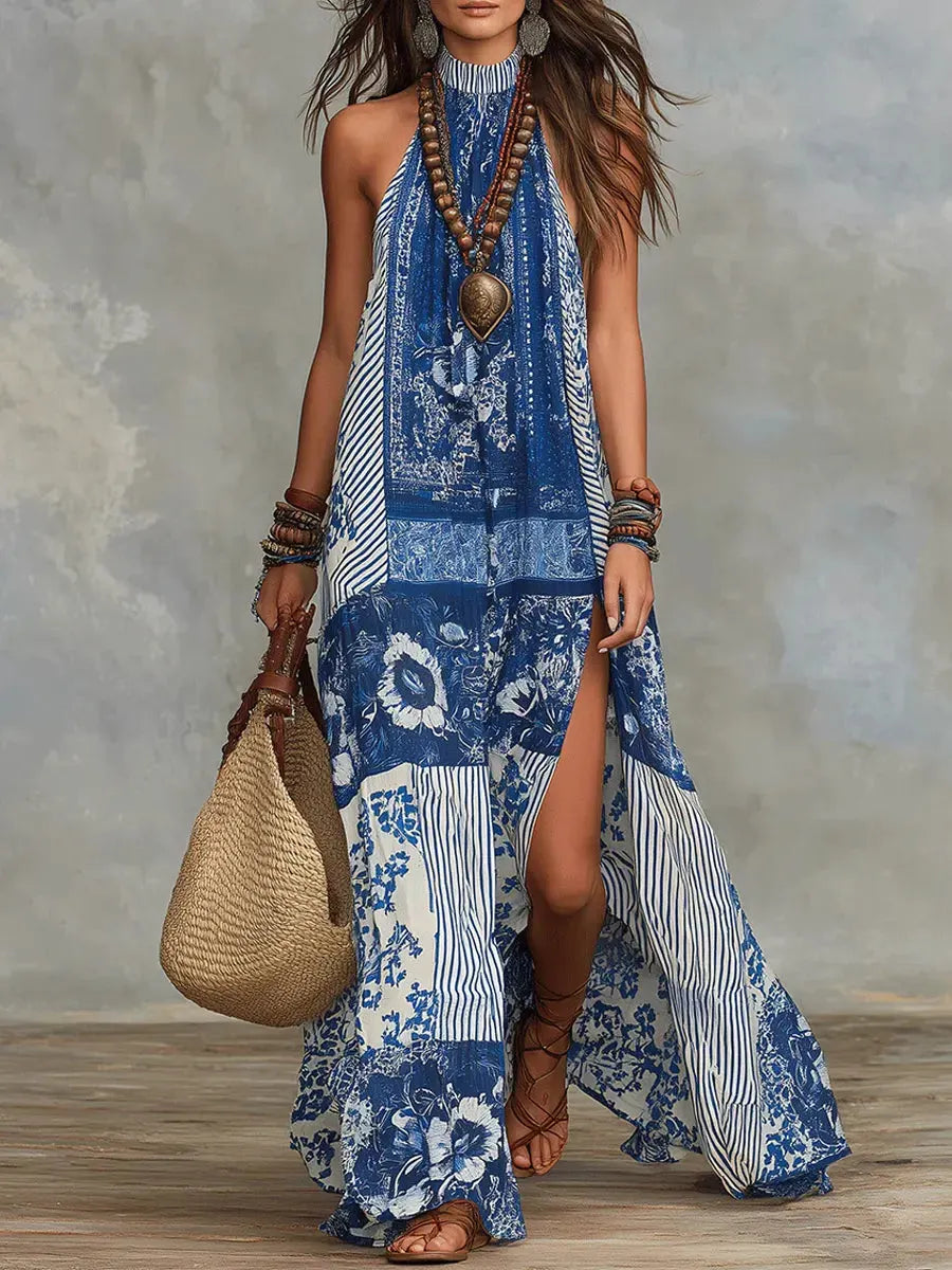 Women's Retro Ethnic Floral Pattern Art Print Casual Fashion Cotton Maxi Dress
