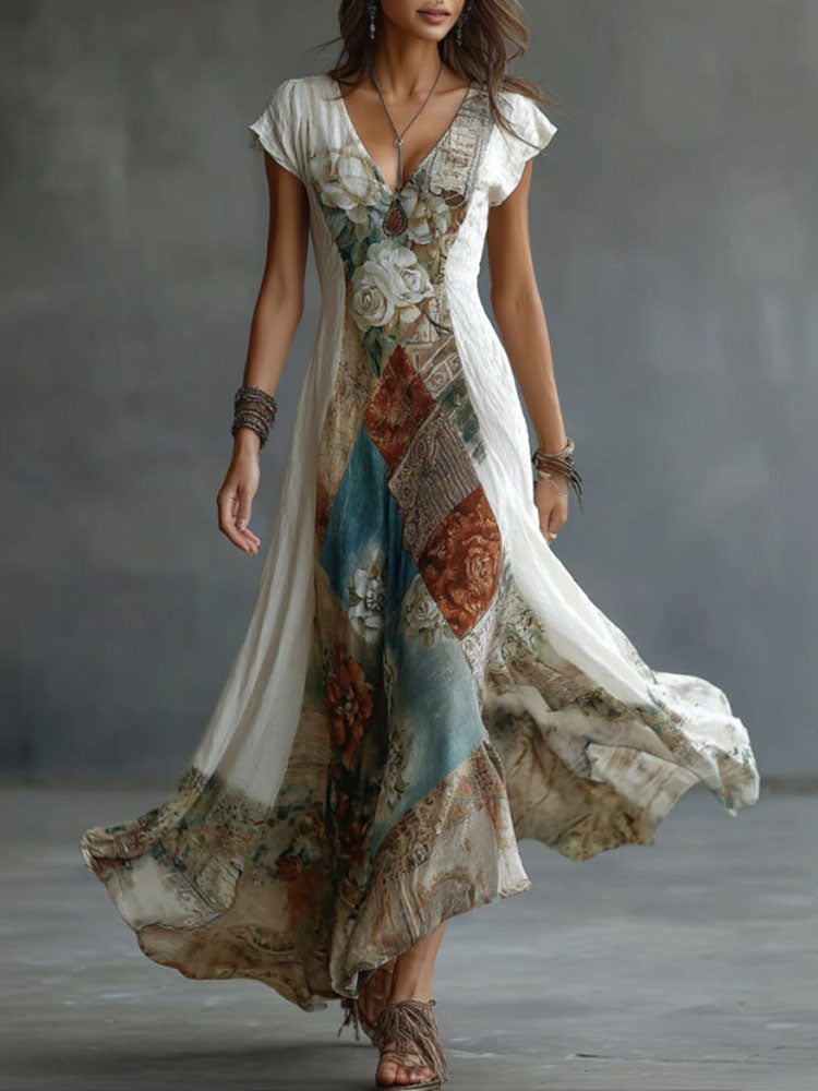 Women's Retro Floral Art Patchwork Print Cotton Linen Casual V-neck Long Dress