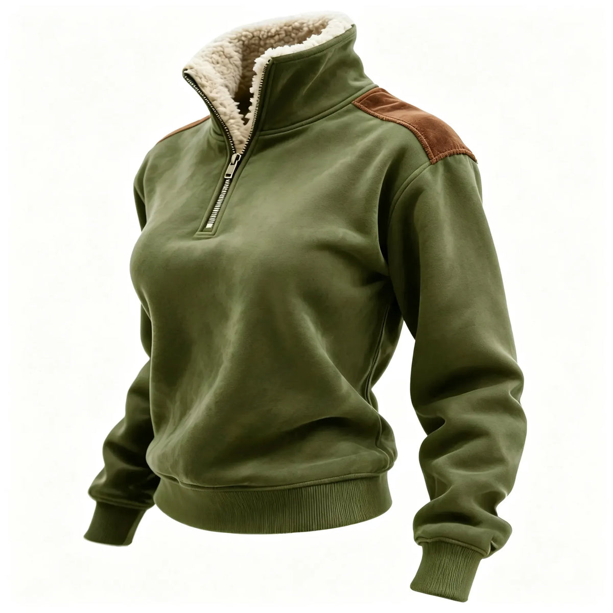 Retro Western Style Women's Contrast Color Patch Suede 1/4 Zip Stand Collar Sweatshirt