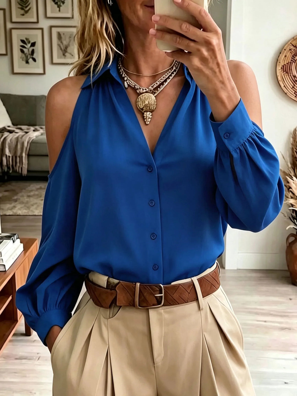 Collared Cold‐Shoulder Button Down Blouse Long Puff Sleeve V‐Neck Shirt