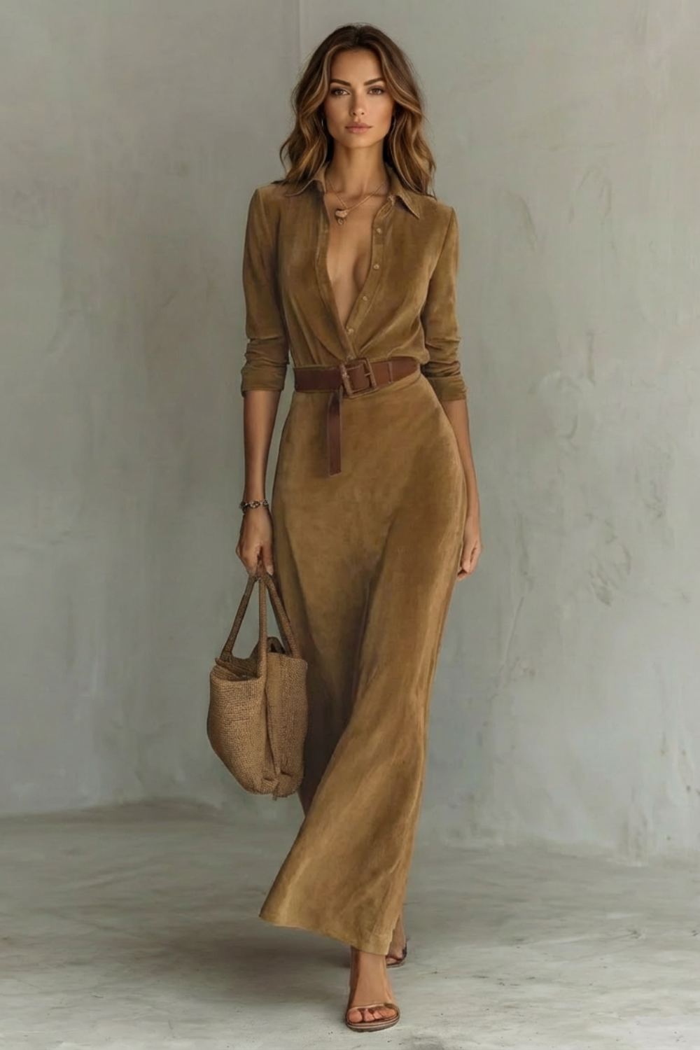 Elegant Pleated Belted Dress – Autumn Solid Color Long Shirt Dress