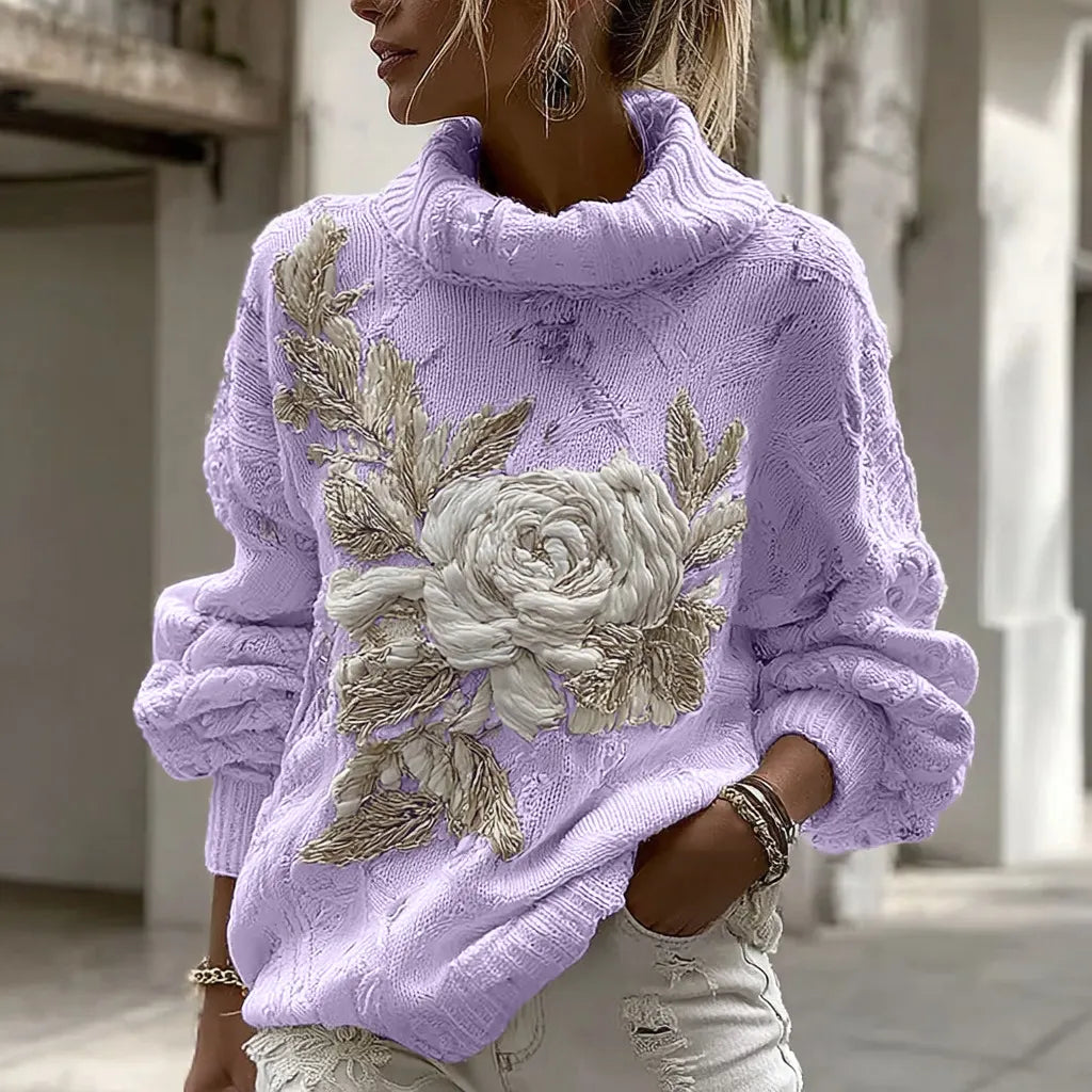 Women's Vintage White Rose Chunky Knit Turtleneck Sweater