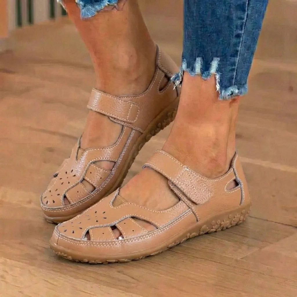 Orthopedic Leather Mary Jane Sandals - Perforated Design & Grip Sole
