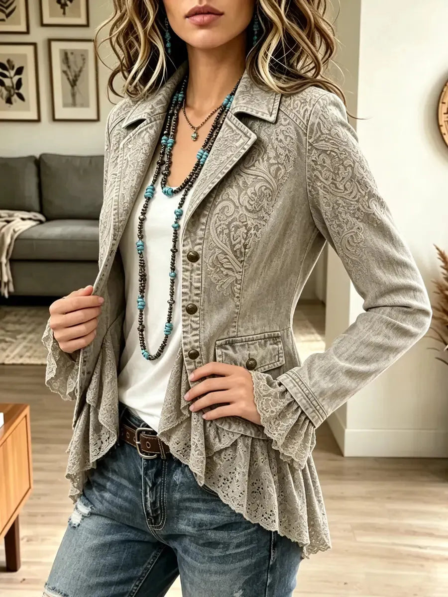 Retro Floral Pattern Art Lace Patchwork Casual Stylish Long Sleeve Coat