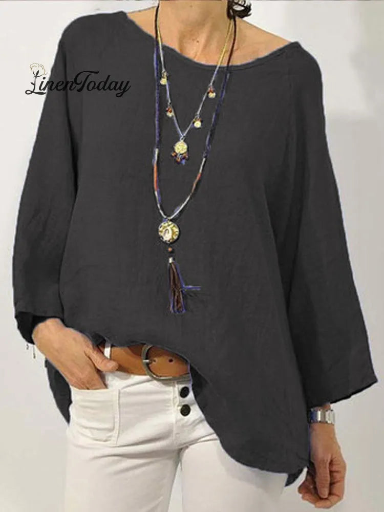 Women's Solid Colour Cotton And Linen Round Neck Ninth Sleeve Blouse