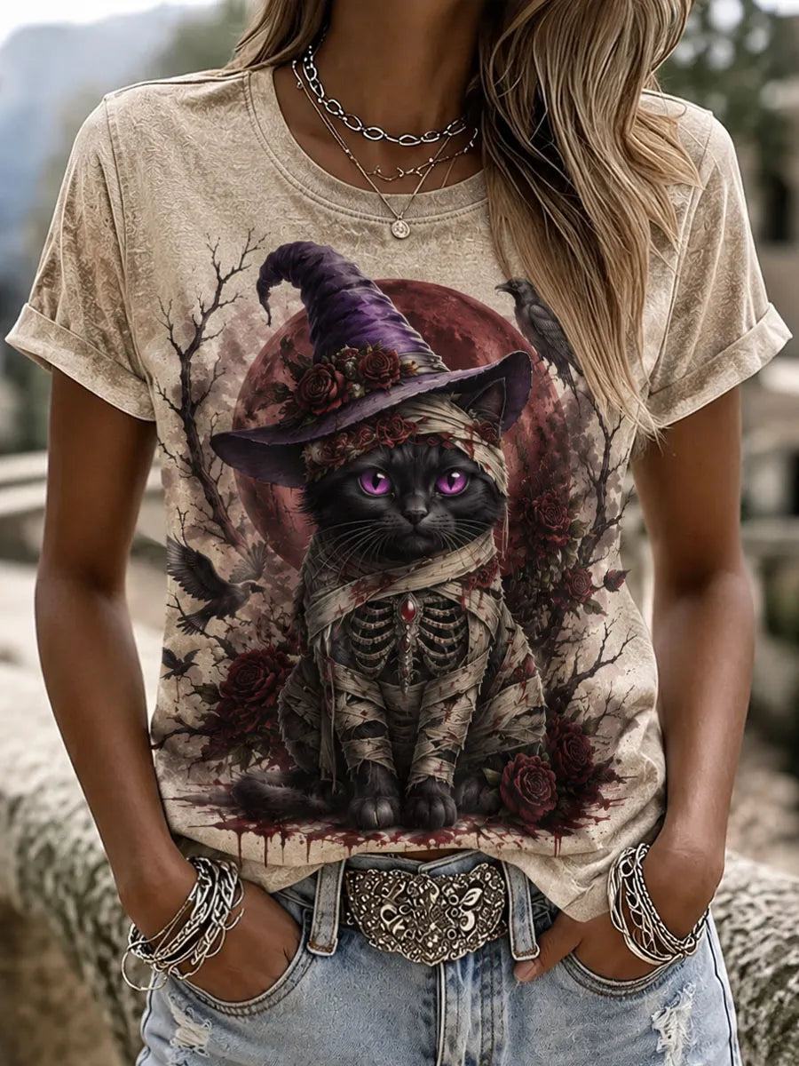 Women's Halloween Black Cat Art Print Casual T-Shirt