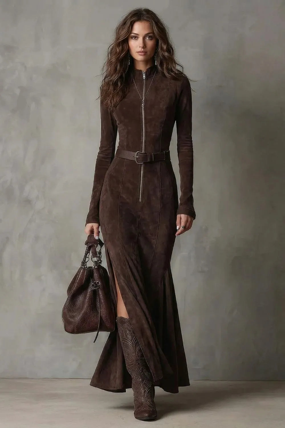 Belted suede style – Maxi zip dress（Includes belt）