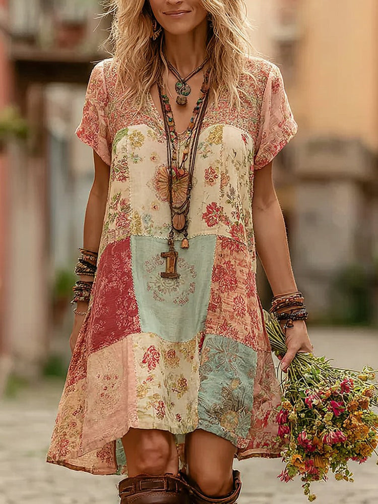 Women's Vintage Bohemian Patchwork Print Casual Short-sleeve V-neck Dress