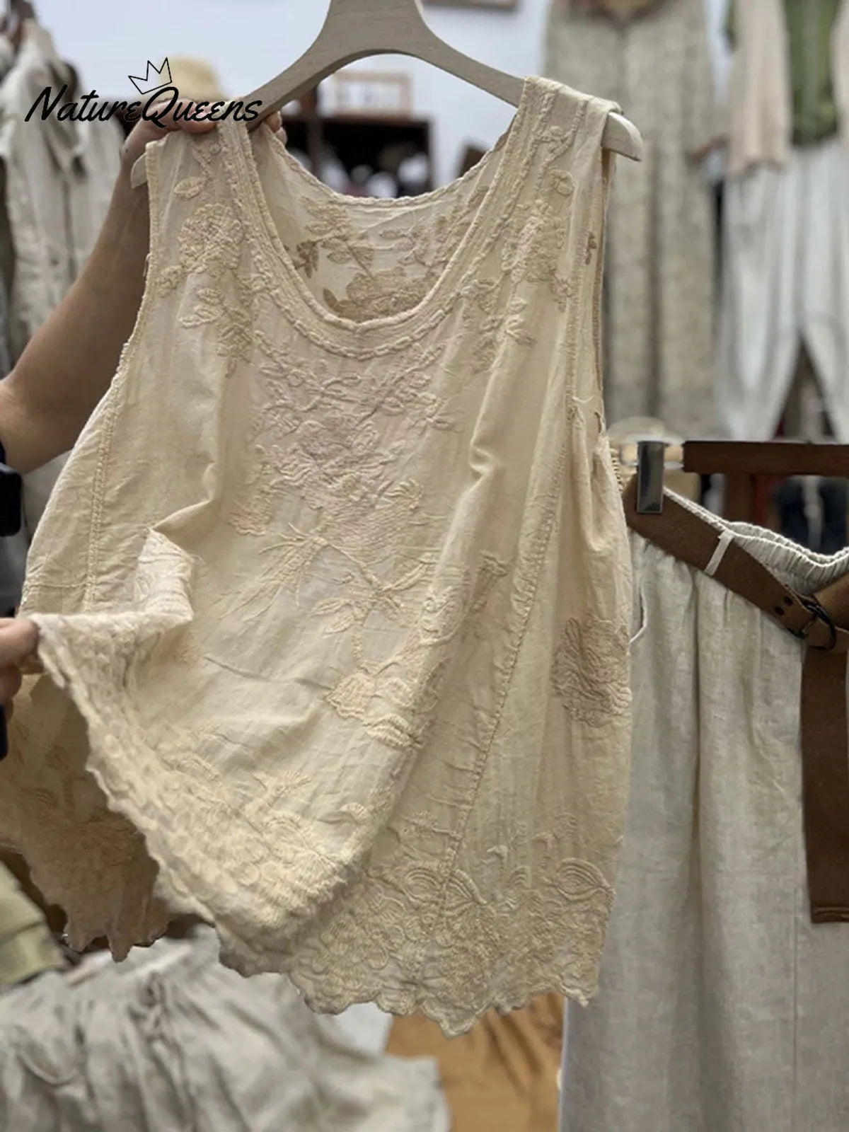 Women's Vintage Lace Sleeveless Cotton And Linen Vest Top