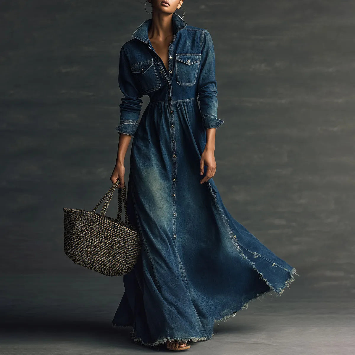 Stylish Stand Collar Washed Raw Hem Maxi Dress