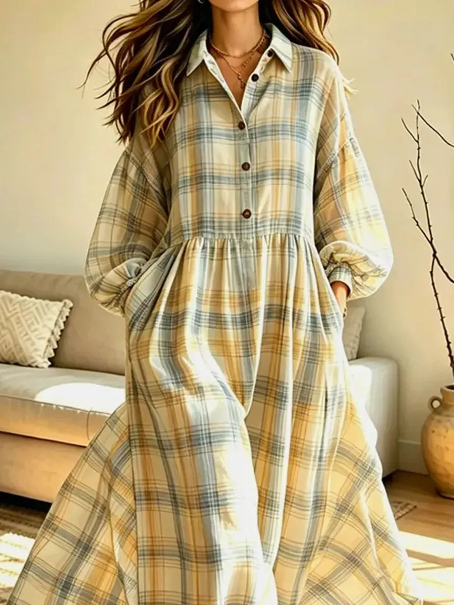 Retro Plaid Pattern Art Casual Stylish Long Sleeve Cotton Linen Maxi Dress