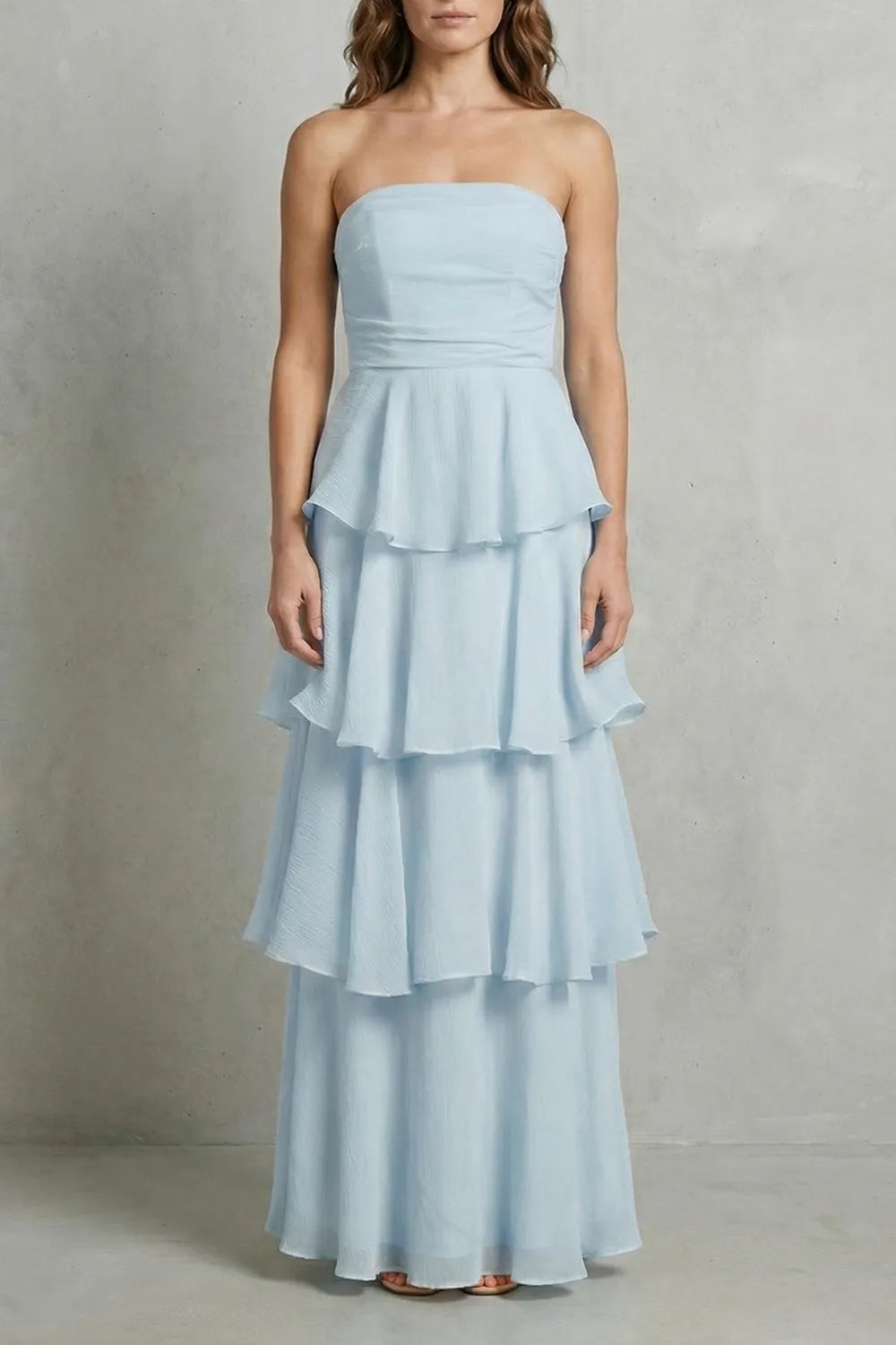 Soft cascading layers – Strapless tiered maxi dress