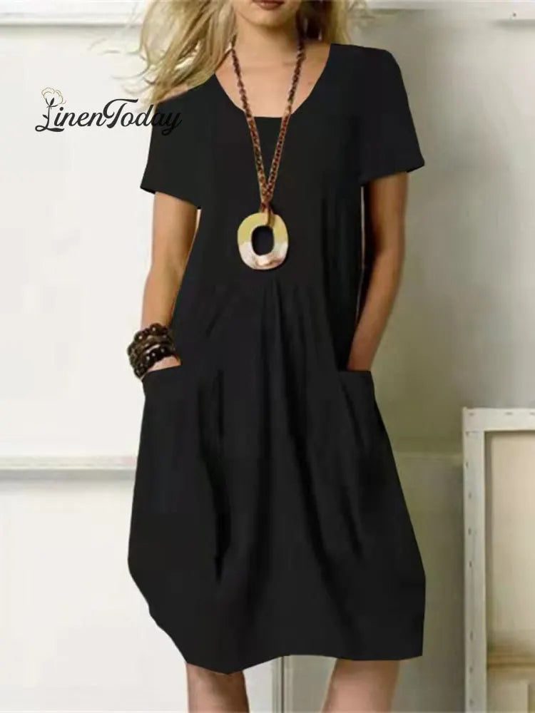 Women's Round Neck Cotton Linen Casual Dress