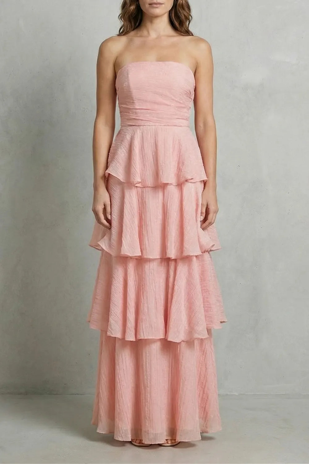 Soft cascading layers – Strapless tiered maxi dress