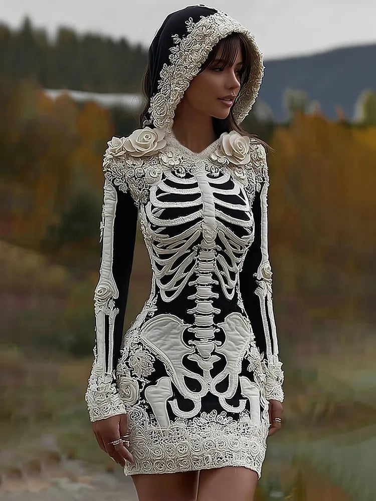 Women's Vintage Halloween Skeleton Bones With Rose Art Cozy Knit Hooded Sweater Dress