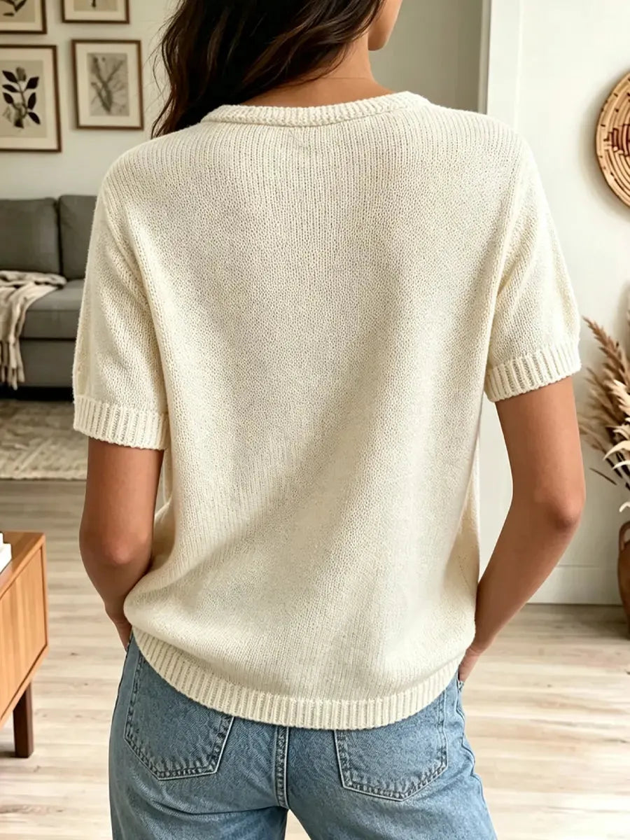 Retro Floral Embroidery Art Casual Stylish Short Sleeve Knitted Sweater