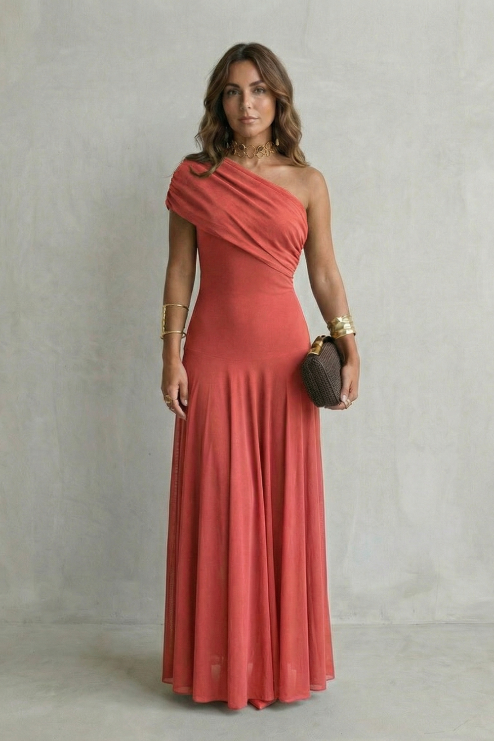 Elegant draped neckline – One shoulder maxi dress