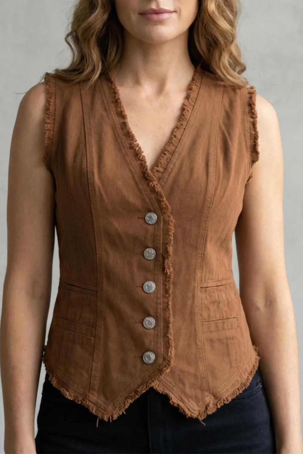 Distressed Button Denim Vest – Western-Inspired Statement Piece