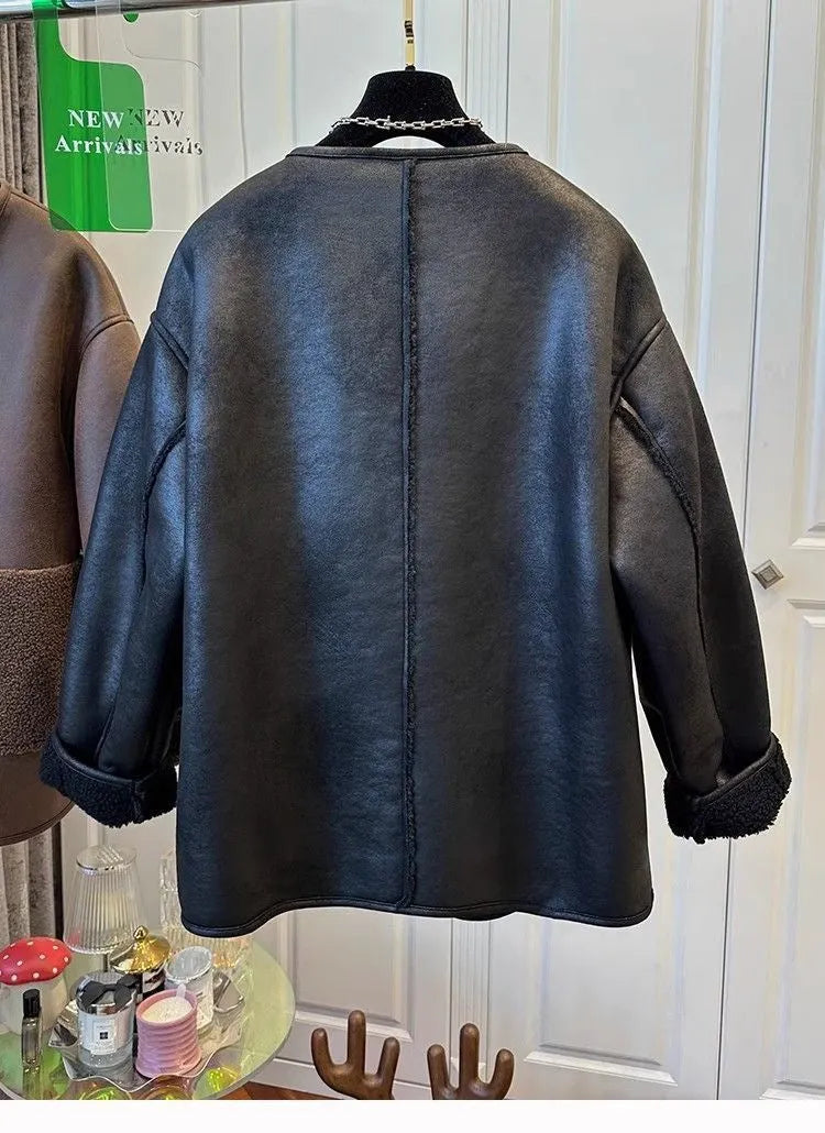 Women Drop Shoulder Pocket Vintage Faux Leather Sherpa Lined Zip Jacket  Outerwear