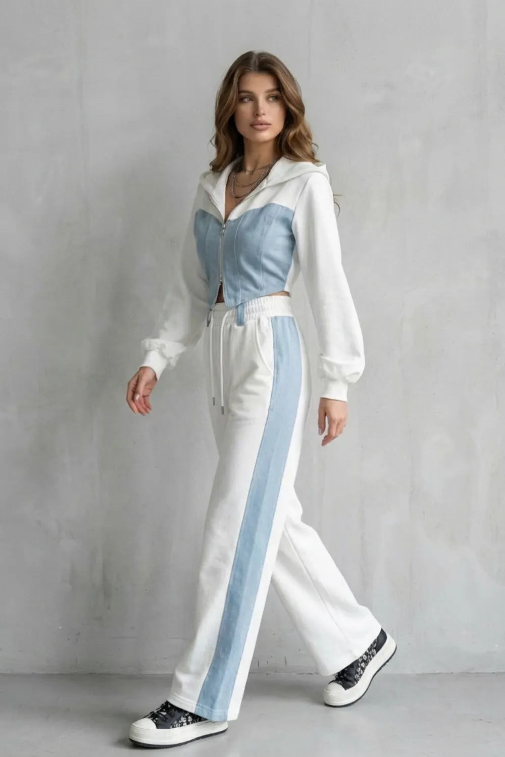 Denim Splice – Two-Piece Hoodie & Sweatpant Set