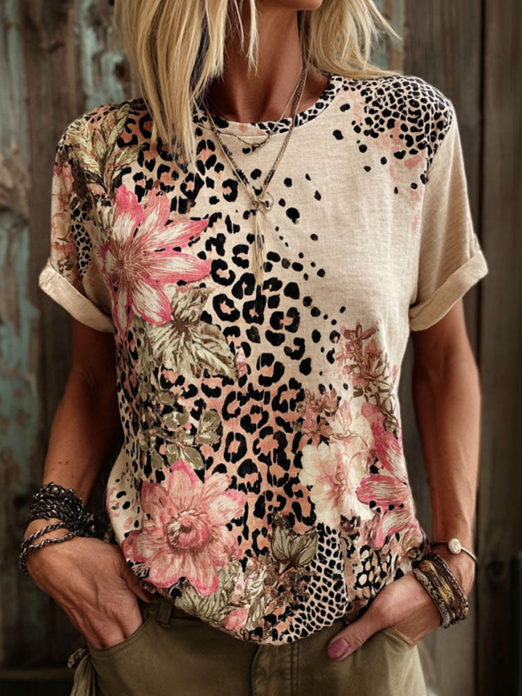 Women's Retro Leopard Print Floral Print Linen Blend Crew Neck T-shirt