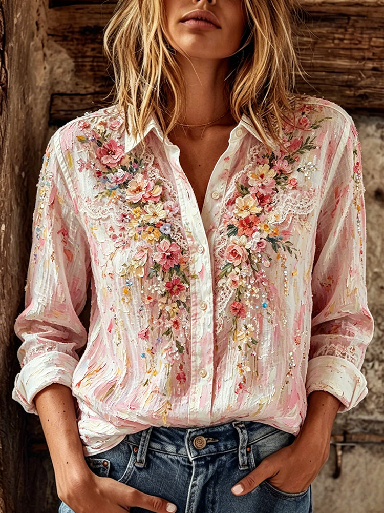 Women's Oil Painting Floral And Lace Art Cotton Linen Long Sleeve Shirt