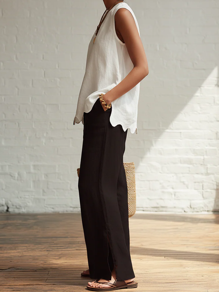 Elegant Minimalist Wavy Hem Shirt And Trousers Two-piece Set