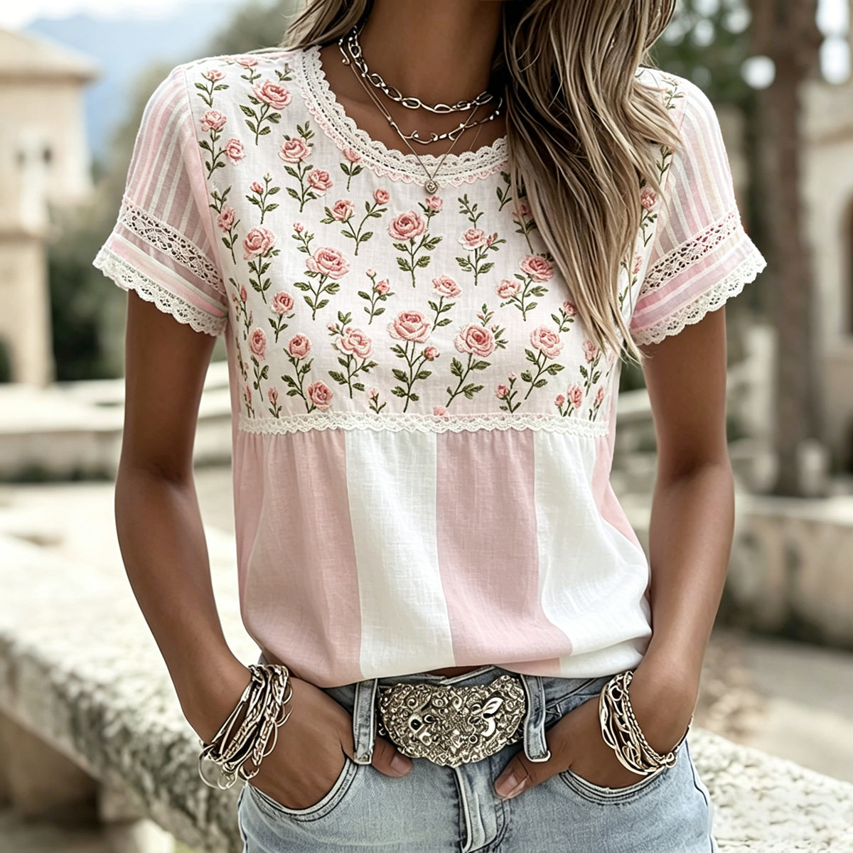 Pink Floral Art Embroidered Spliced Striped Comfortable Cotton Linen Crew Neck T-shirt
