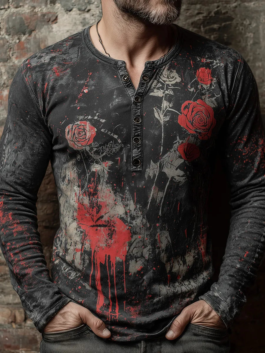 Vintage Punk Blood Rose Art Print Long Sleeve Henley