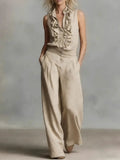 Women's Simple Linen Sleeveless Casual Shirt And Wide-leg Pants Set