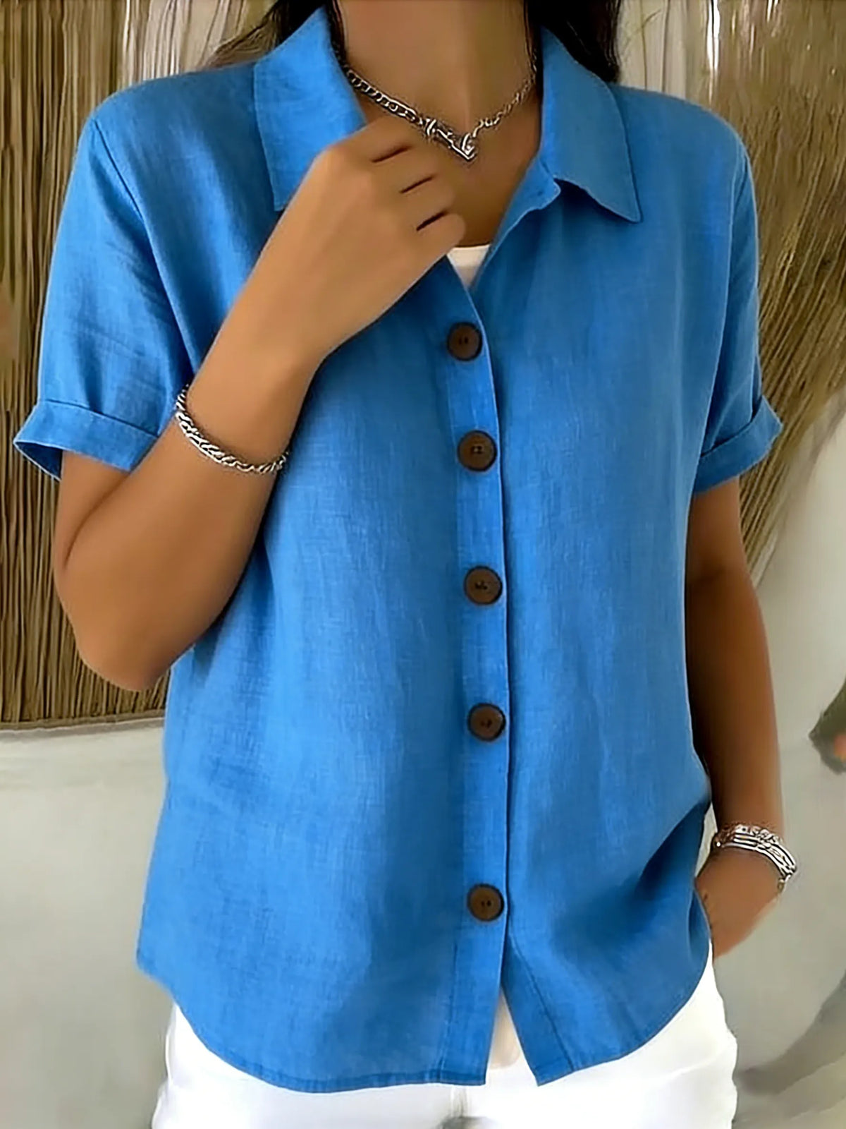 Casual Cozy Basic Button-up Linen-cotton Short-sleeved Shirt