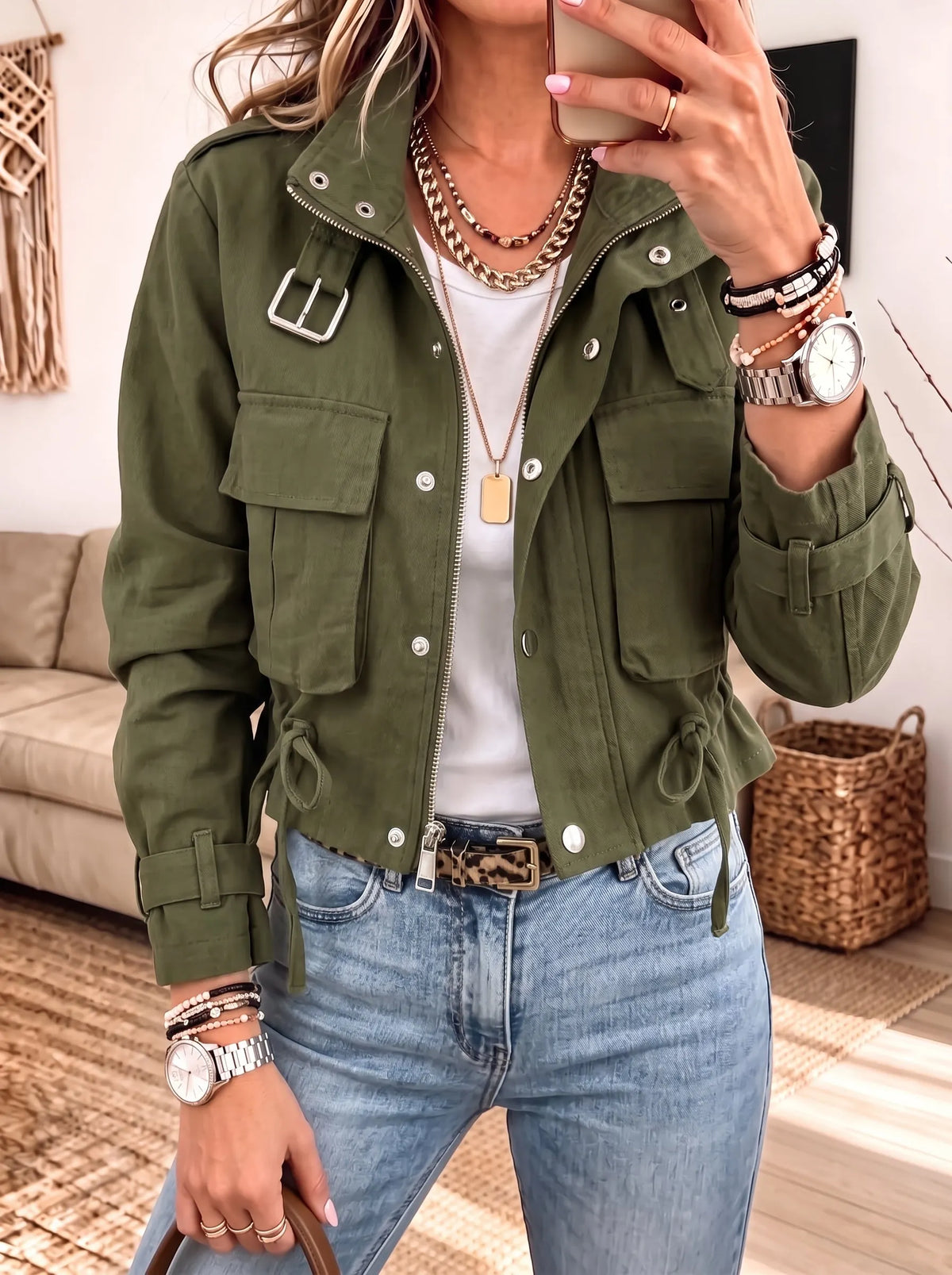 Cropped Utility Cargo Jacket Zip‐Up Drawstring Waist Military Field Coat