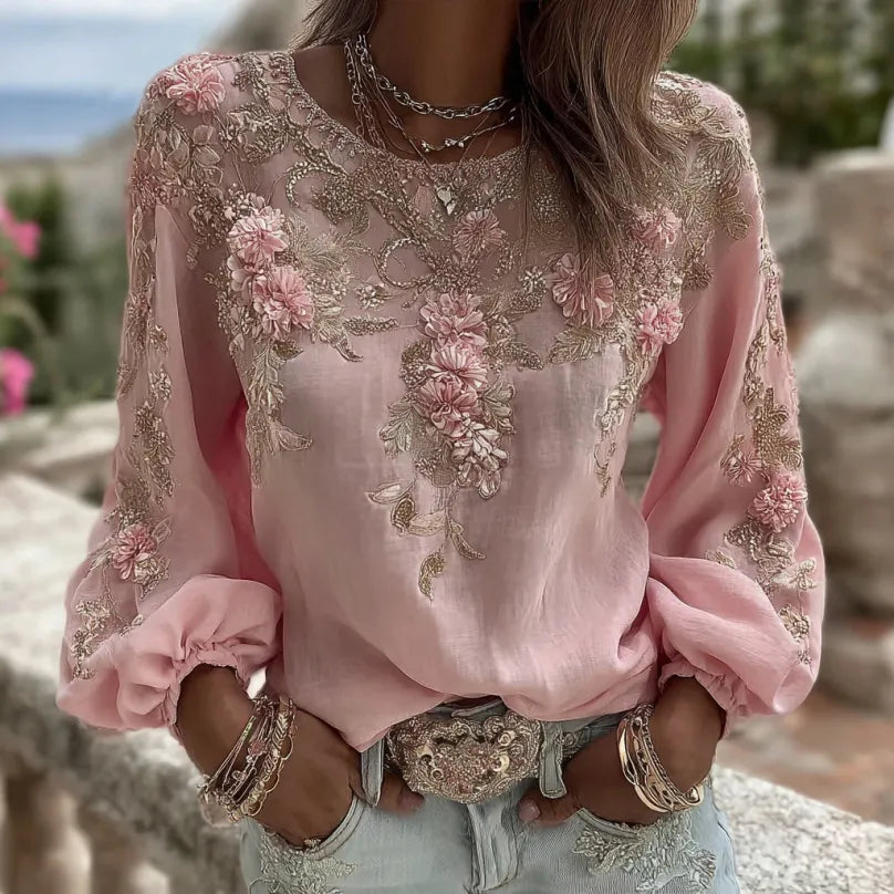 Women's Vintage Pink Rose Embroidery Art Round Neck Long Sleeve Linen Blend T-shirt