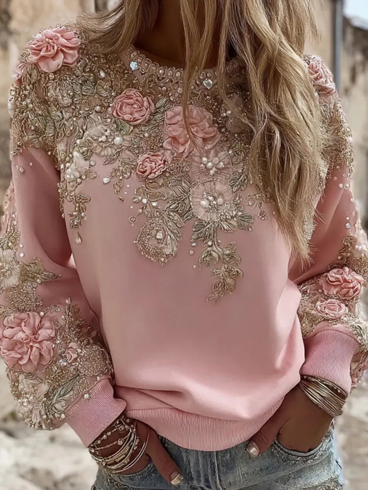 Women's Pink Rose Embroidery Art Round Neck Casual Sweatshirt
