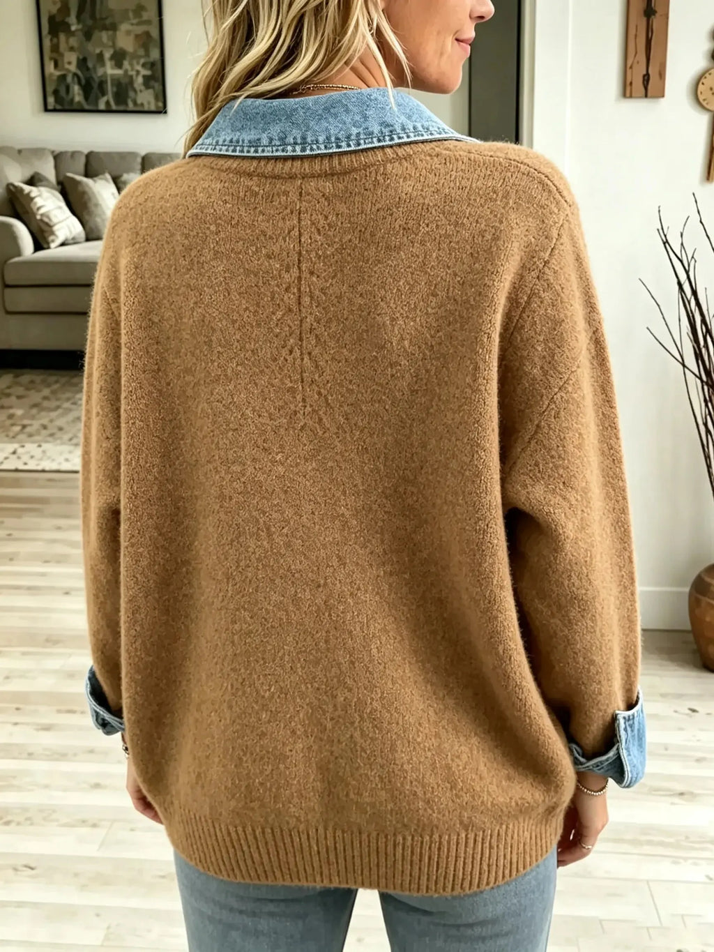 Women's Denim Trim V-Neck Knit Top